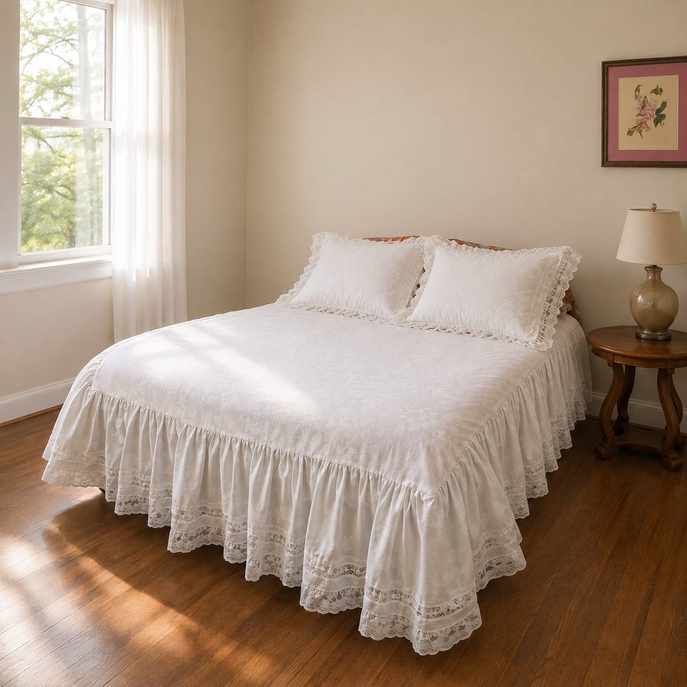 Shabby Chic Flat Sheet Twin 52x75" White Lace Ruffle Country Romantic